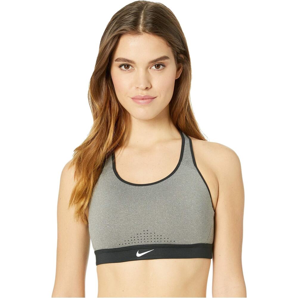 Nike Dri Fit  Sports Bra Strappy Open Back Swoosh Logo Gray Black Size Small